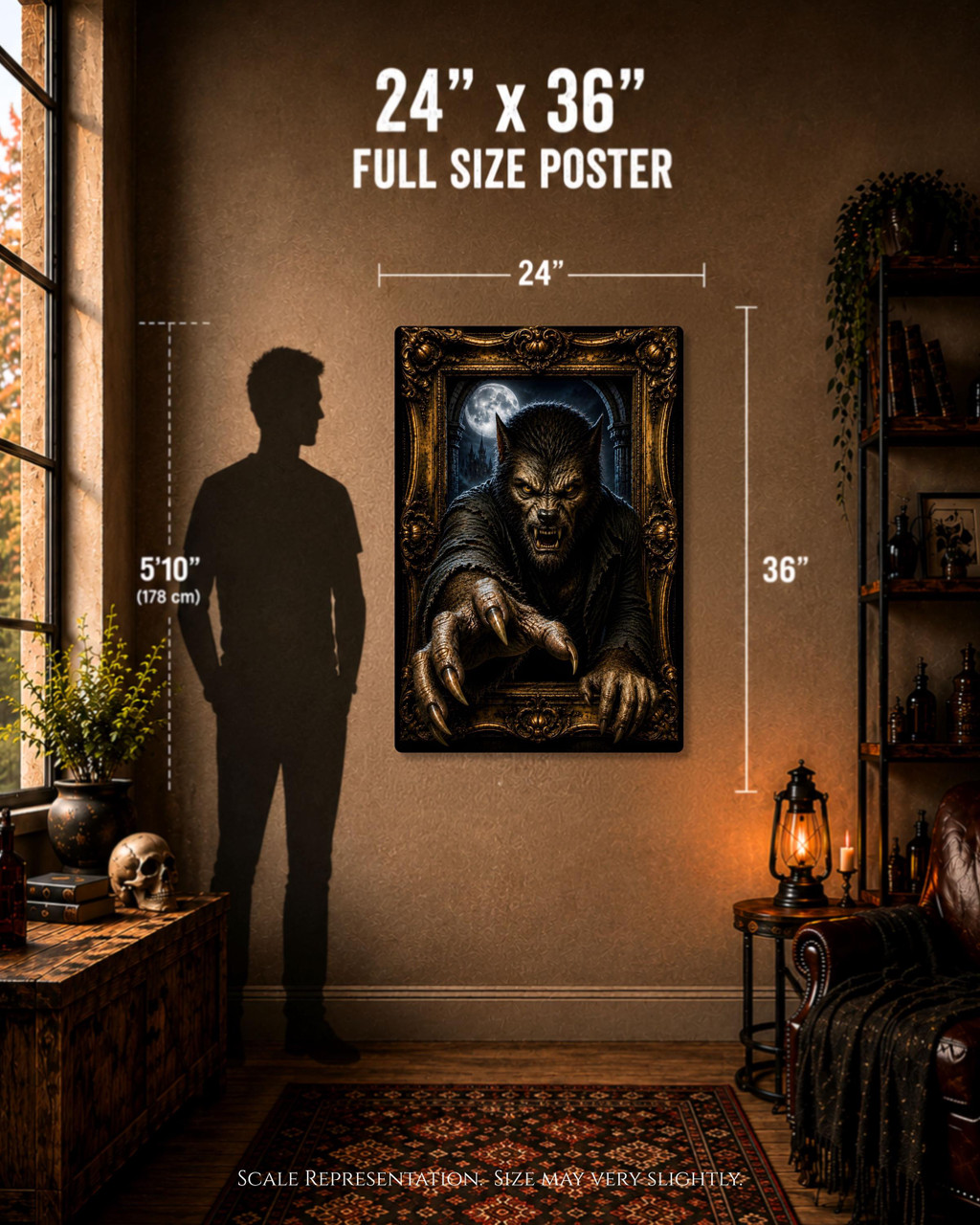 Werewolf horror poster breaking through antique baroque frame