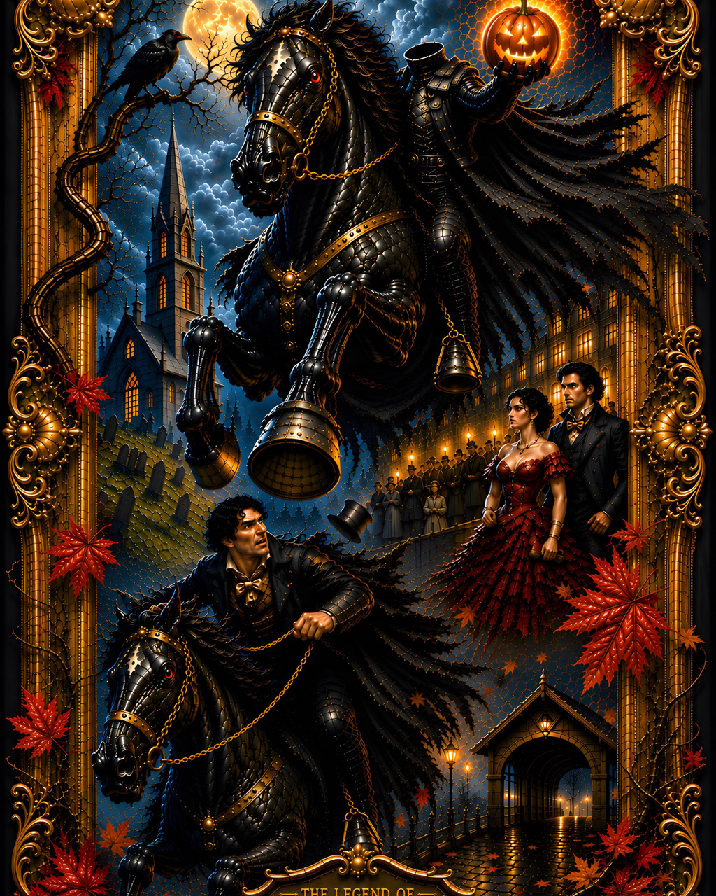 Headless Horseman riding a black horse beneath a glowing jack o lantern in a gothic Sleepy Hollow scene