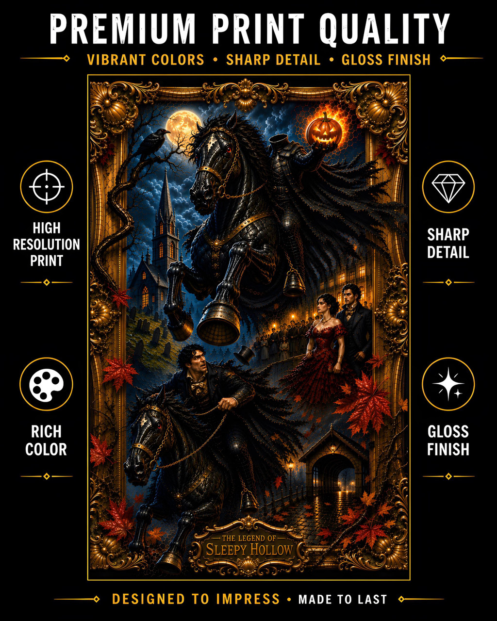 Premium gothic art print depicting the Headless Horseman carrying a carved pumpkin through Sleepy Hollow