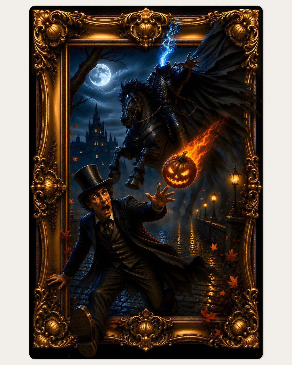 The Headless Horseman riding a black steed while hurling a blazing jack o lantern through the night sky