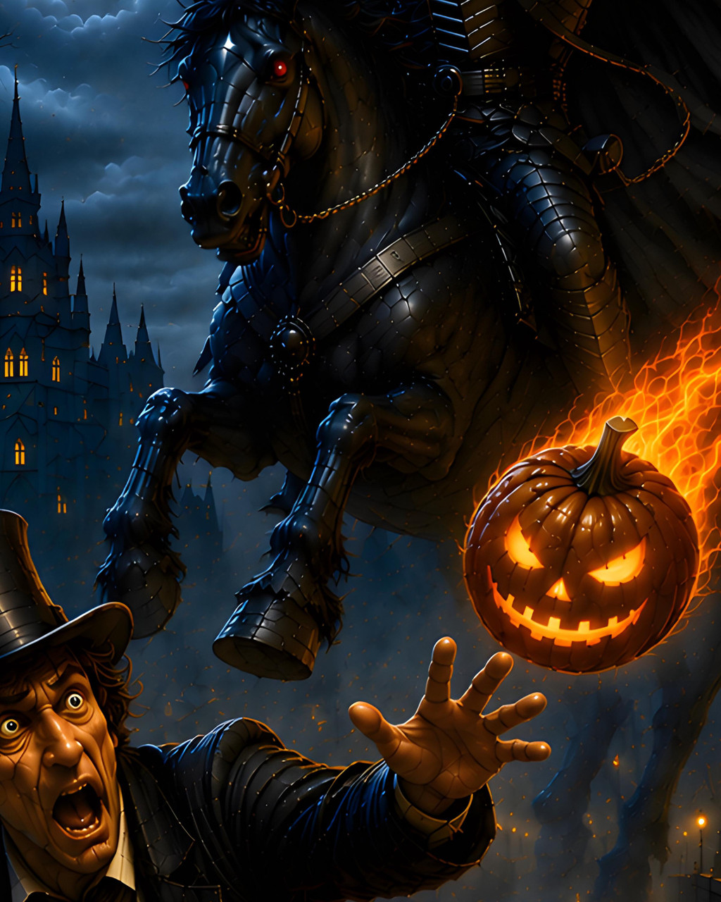 Large framed Sleepy Hollow artwork creating a dramatic focal point for Halloween home decor