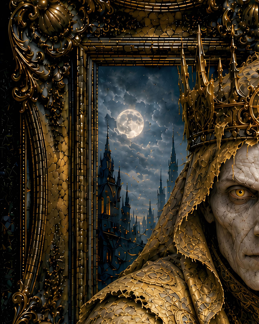 Dark fantasy wall display with ornate gold detail for horror libraries and home theaters