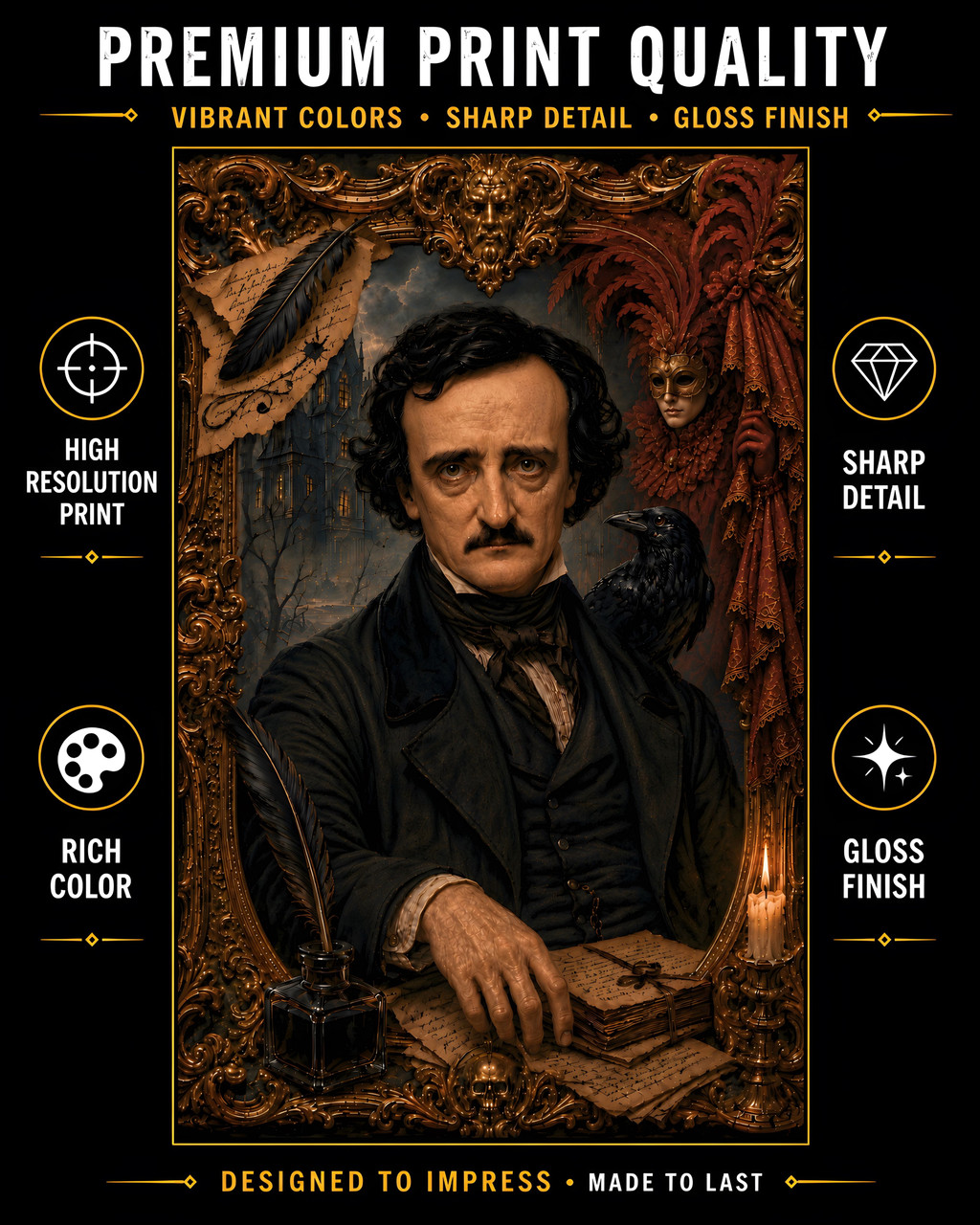 Candlelit Poe collector print showing raven symbolism, mansion architecture, and dark literary storytelling