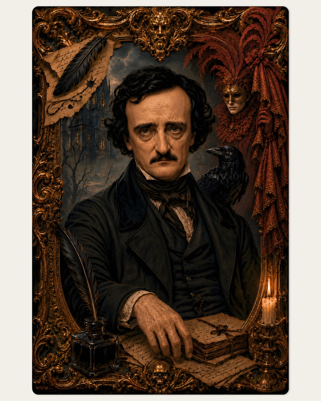 Gothic Edgar Allan Poe scene with antique papers, dramatic lighting, ornate frame details, and eerie atmosphere