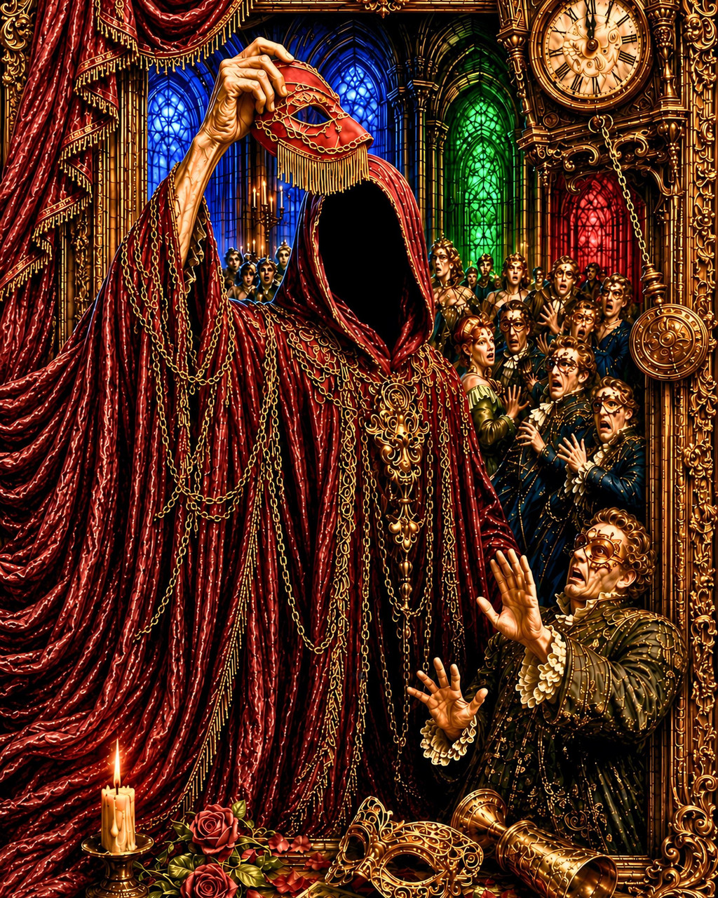Faceless Red Death figure lifting a red mask in a gothic masquerade ballroom