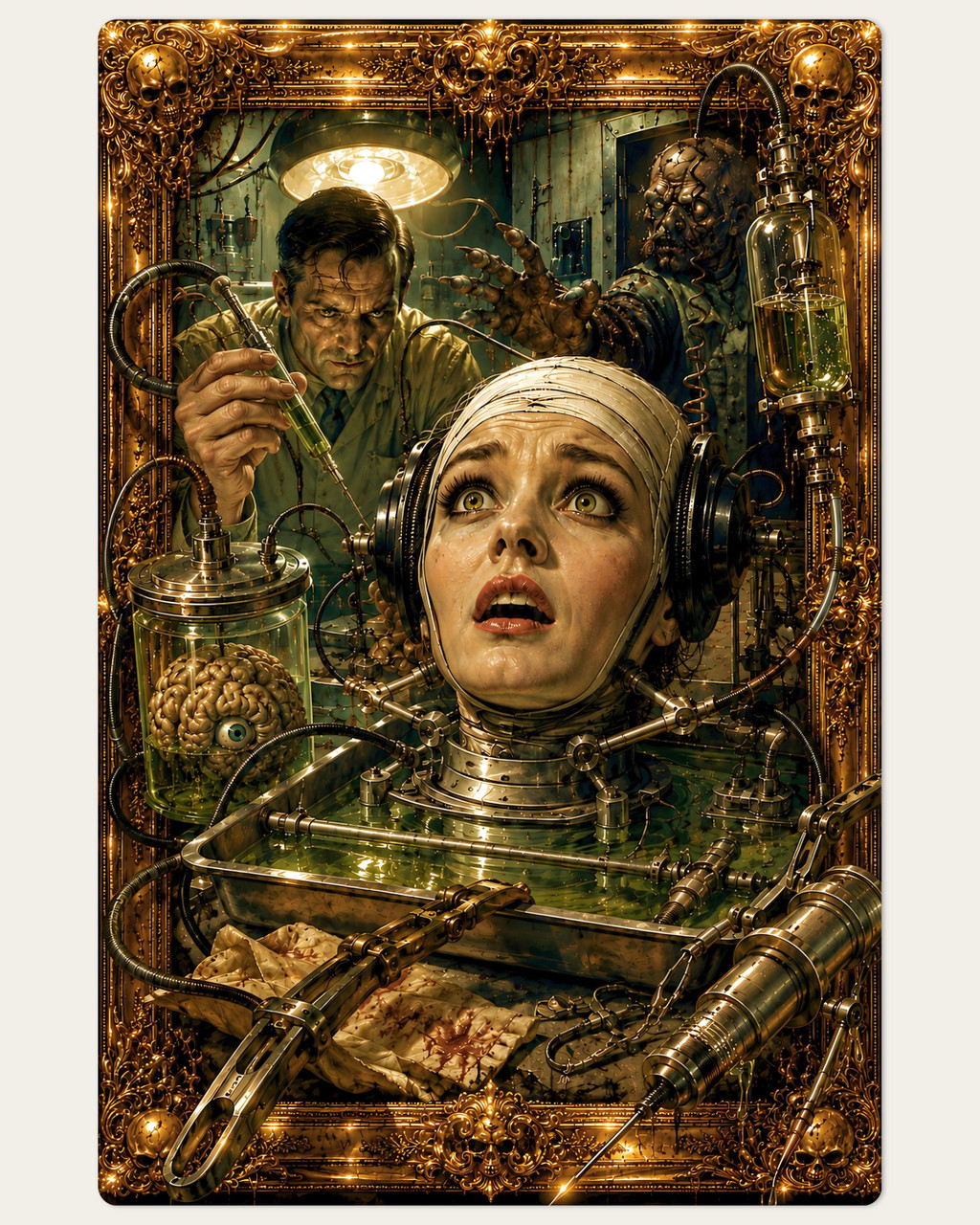 Gothic laboratory artwork featuring a brain experiment, surgical tools, and classic horror mood