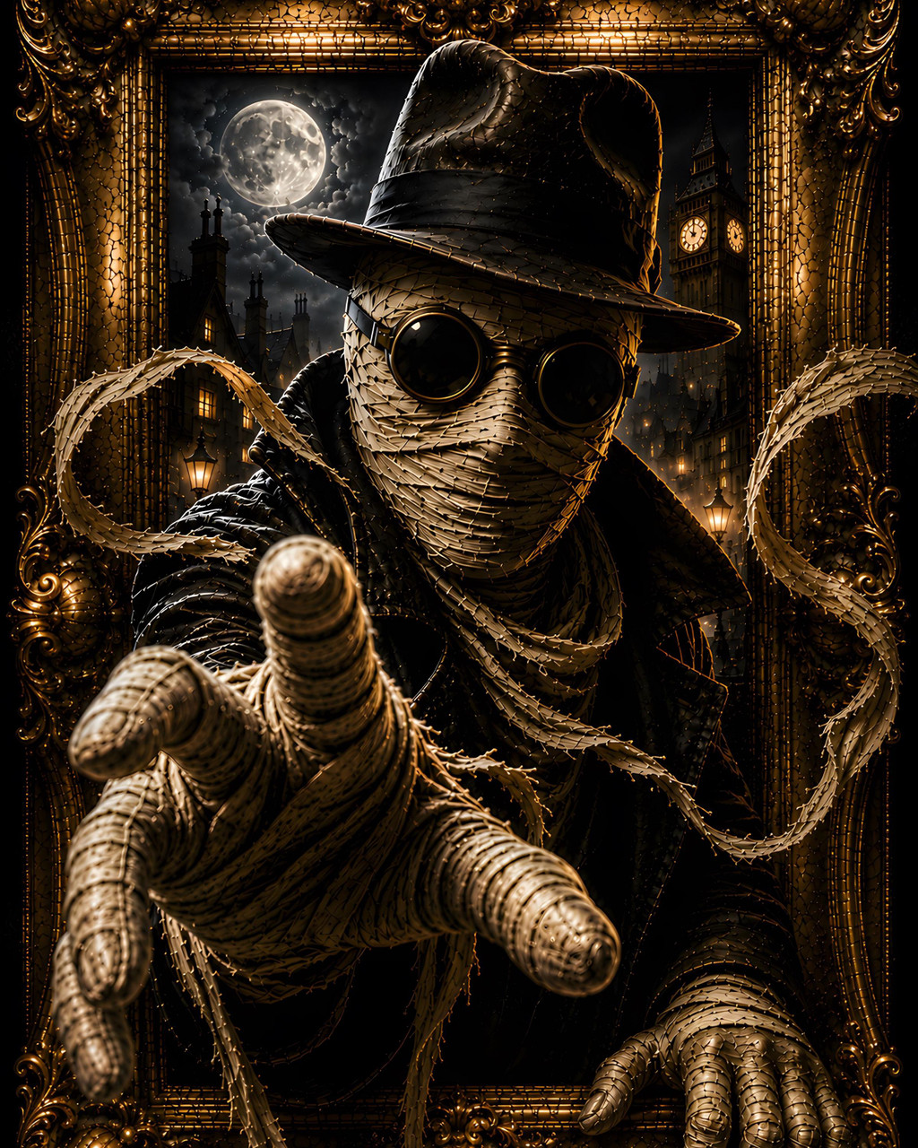 The Invisible Man reaching through an ornate Victorian frame beneath a glowing full moon