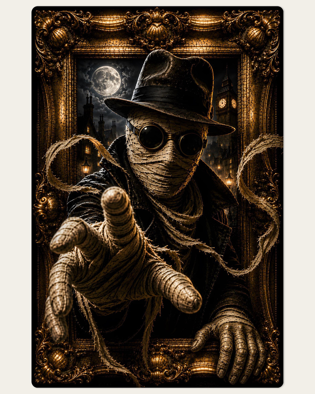 Classic Invisible Man portrait with bandaged face, goggles, and dark fedora in gothic London
