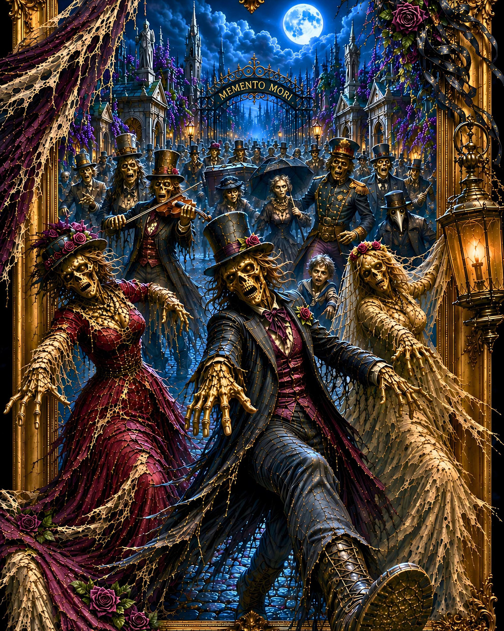 Victorian Dance of Death artwork featuring skeletal figures marching beneath a Memento Mori cemetery gate