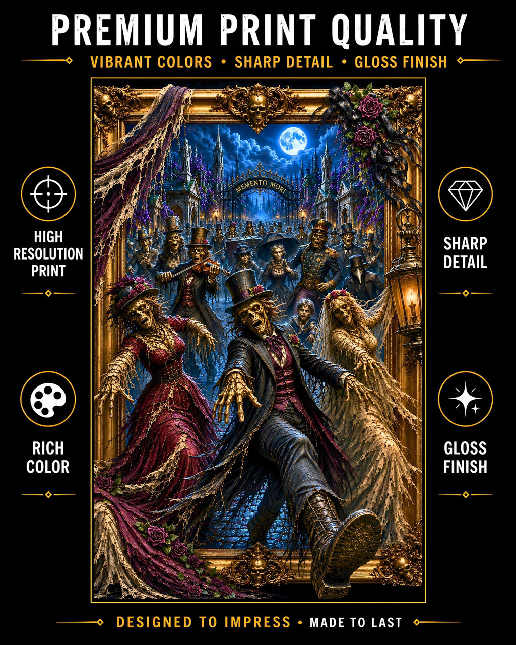 Haunted cemetery parade with skeletal musicians and gothic funeral procession at night