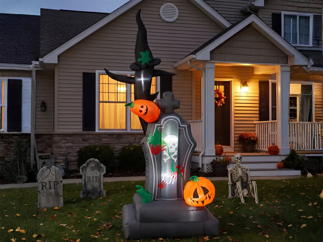 6 ft light-up inflatable tombstone with pumpkins Halloween yard decoration