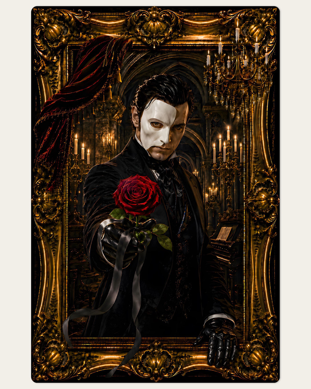 Candlelit gothic opera lair with a half masked romantic figure offering a crimson rose