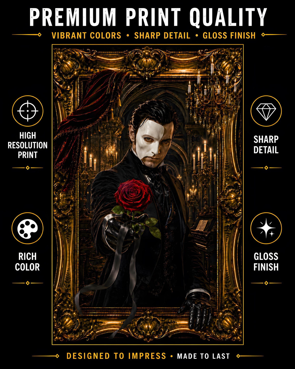 Romantic gothic artwork of a masked man presenting a red rose with black ribbon