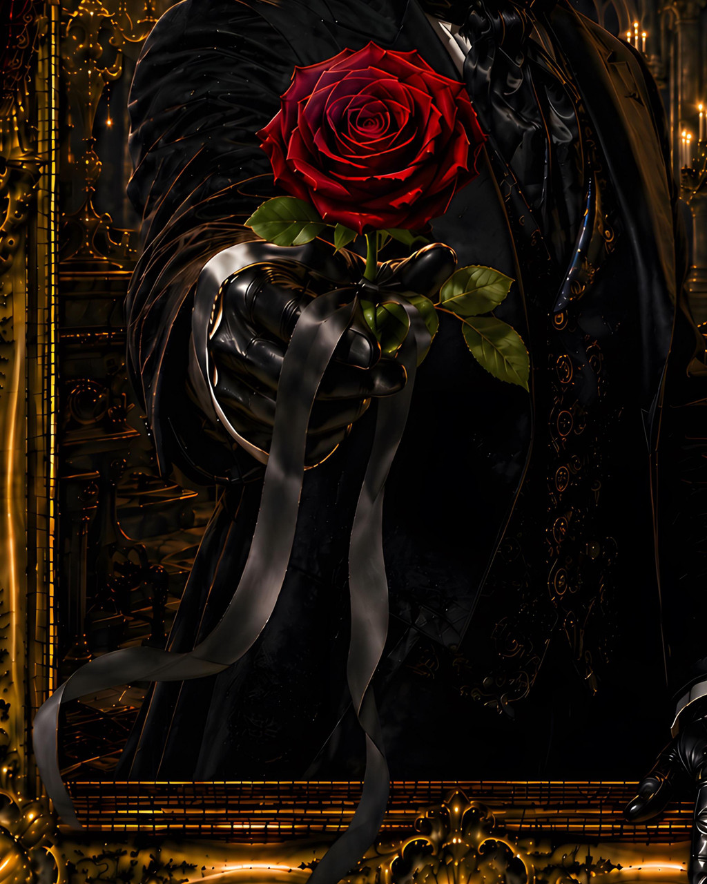 Romantic horror decor featuring a mysterious phantom figure in a cathedral like candlelit setting