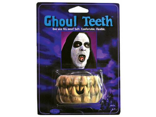 Easy to wear character teeth. One size fits most, soft flexible ghoulish fanged teeth.