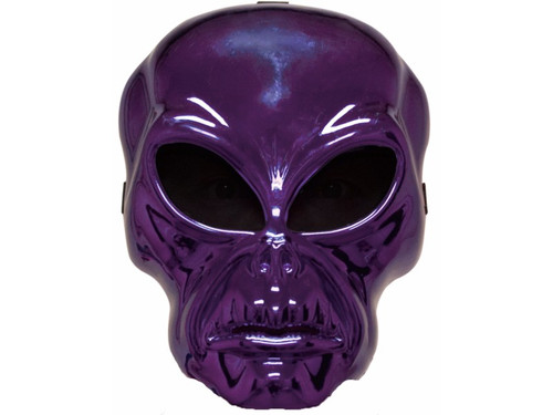 Plastic face mask with metallic purple finish, netted eyes & elastic strap.