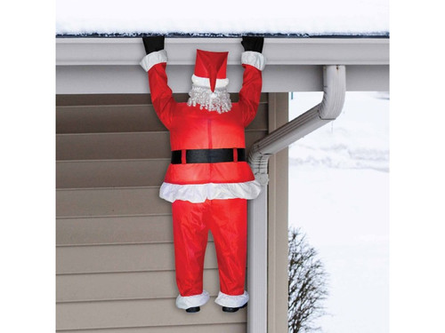 This realistic outdoor airblown inflatable Santa Claus is sure to get a laugh from all your neighbors and holiday guests. It lights up, self-inflates in seconds, and comes with everything you need for set-up, including the fan and the hanging hardware for attaching him to your home's gutters or roofline. This airblown inflatable is suitable for outdoor use and plugs into any standard outlet. Detailed instruction sheet included. Santa is 6.5 feet tall. This realistic outdoor airblown inflatable Santa Claus is sure to get a laugh from all your neighbors and holiday guests. It lights up, self-inflates in seconds, and comes with everything you need for set-up, including the fan and the hanging hardware for attaching him to your home's gutters or roofline. This airblown inflatable is suitable for outdoor use and plugs into any standard outlet. Detailed instruction sheet included. Santa is 6.5 feet tall.