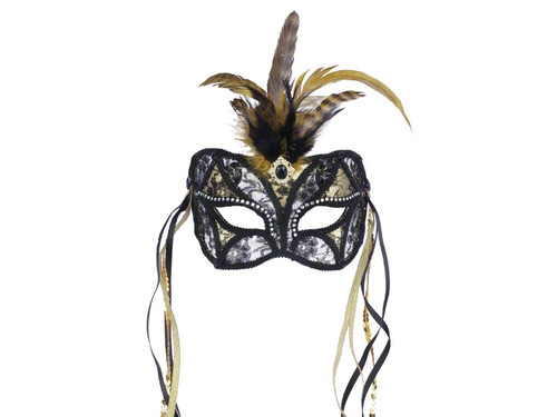 Black lace masquerade mask with black braid has jewel trims and rhinestones along with dangling ribbons and sequin trims. Top feathers add a festive flair. One size fits all.