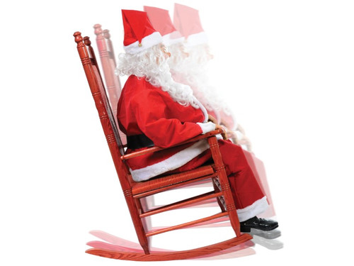 Rocking, life-size, fully clothed Santa with internal sound features 3 rotating jolly sayings. Plug into any 110 outlet. outlet. Wired function Step-Here pad is included. Some assembly required. Add your own rocking chair to complete the look!

Sits about 4 1/2 feet tall. Poly cotton clothing. Choose from 3 different function operations: 1) Continuous rocking with sounds. 2) Continuous rocking with sensor pad activated sounds. 3) Sensor pad activated rocking and sounds Chair is not included.