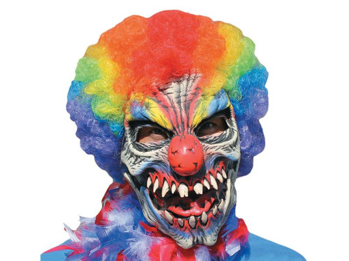 The jagged open-mouthed sinister grin, crack bulbous nose and evil painted face have taken the happy out of the party. Full over-the-head latex clown mask with hand-painted design and multi-color clown hair attached.