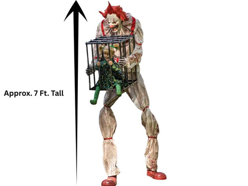 Cagey the Clown animated decoration wearing dirty carnival costume
