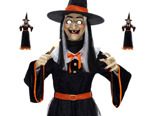 Animated Whimsical Witch Prop

Invite this fun-loving Whimsical Witch Animated Prop to your next Halloween party! Have a good laugh with her while her Head and Torso turn side to side, her Jaw Moves as she speaks, and LEDs Light-Up her Eyes and Wand. Her long, black dress has orange details and a wide white collar with a ruffled trim. Her matching Tall Witch Hat has a pretty glittery orange band. She only casts whimsical spells this Halloween season to make sure you and your guest have a wicked fun celebration.

Packaging: Box with Color Label

Features

Turning Head And Body
Moving Jaw while She Speaks Several Phrases
Light-Up Eyes And Tip Of Wand
Creepy Cackling Sounds
Plug Into any Standard Outlet
Recommended Use: Indoor Use
Simple Assembly Required