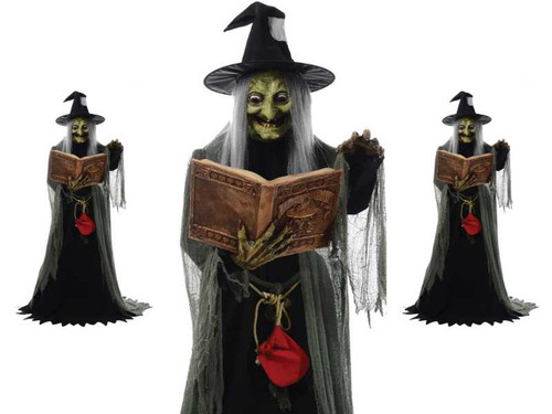 animated spell speaking witch halloween animatronic decoration with glowing eyes