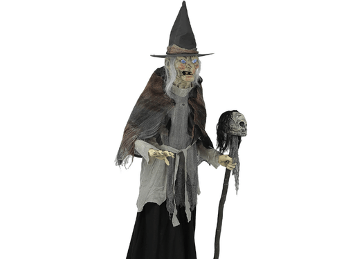 6' Lunging Witch DigitEye Animated Prop
The Glowing Eyes of the 6 Ft Lunging Digiteye Witch Animated Prop are brought to life digitally with patented Digiteye technology! She lunges at unsuspecting people as they pass by, reaching out with a gnarly hand as if to drag them into her cold embrace. Her other hand holds a creepy skull-topped staff! Her face is made of artfully sculped latex with a Moving Mouth that adds a life-like look to an already incredibly realistic Animatronic Prop. With a crackling Voice she Speaks one of Four spine-tingling Phrases:
Phrase #1: “Well hellooo! You don’t happen to have some candy for a sweet little old lady do you? Give it to me!! You're too fast for me, but I’ll get it next time, ah haha haha ha.”
Phrase#2: “Do you not fear ugly witches? Perhaps you should, since one poisonous touch from me will wither your soul- Gotcha! ah hahahaha! Ah, you escaped my grasp, for now!”
Phrase #3: "Want to play a game of tag? If I catch you, I get to turn you into a Toad! Abra Cadabra! Ooh, drat! Judging by the speed you jumped back, perhaps you are part Toad already! He he he!”
Phrase #4: “Excuse me, can you help a sweet old lady find her cauldron? I can’t seem to find it anywhere. I GOT YA!! Ooh, he he he! Oh, if you weren’t so fast, you’d be in my cauldron right now!”
Phrase #5:  “(assorted laughs and cackles)”
Three activation options include, Steady-On, Infra-red Sensor, or Step-Here Pad. There is also a Volume Control so you can adjust to your surroundings. 
The Included Universal Adapter has 4 changeable plugs and works in USA, UK, Germany and Australia.
Features:
Her life-size stance greets the eyes of all who dare to pass her by
Animated eyes using Patented DigitEye technology look around creating an unprecedented life-like appearance
Universal adapter with 4 changeable plugs; works in USA, UK, Germany and Australia
Includes 3 activation options and volume control 6' Lunging Witch DigitEye Animated Prop
The Glowing Eyes of the 6 Ft Lunging Digiteye Witch Animated Prop are brought to life digitally with patented Digiteye technology! She lunges at unsuspecting people as they pass by, reaching out with a gnarly hand as if to drag them into her cold embrace. Her other hand holds a creepy skull-topped staff! Her face is made of artfully sculped latex with a Moving Mouth that adds a life-like look to an already incredibly realistic Animatronic Prop. With a crackling Voice she Speaks one of Four spine-tingling Phrases:
Phrase #1: “Well hellooo! You don’t happen to have some candy for a sweet little old lady do you? Give it to me!! You're too fast for me, but I’ll get it next time, ah haha haha ha.”
Phrase#2: “Do you not fear ugly witches? Perhaps you should, since one poisonous touch from me will wither your soul- Gotcha! ah hahahaha! Ah, you escaped my grasp, for now!”
Phrase #3: "Want to play a game of tag? If I catch you, I get to turn you into a Toad! Abra Cadabra! Ooh, drat! Judging by the speed you jumped back, perhaps you are part Toad already! He he he!”
Phrase #4: “Excuse me, can you help a sweet old lady find her cauldron? I can’t seem to find it anywhere. I GOT YA!! Ooh, he he he! Oh, if you weren’t so fast, you’d be in my cauldron right now!”
Phrase #5:  “(assorted laughs and cackles)”
Three activation options include, Steady-On, Infra-red Sensor, or Step-Here Pad. There is also a Volume Control so you can adjust to your surroundings. 
The Included Universal Adapter has 4 changeable plugs and works in USA, UK, Germany and Australia.
Features:
Her life-size stance greets the eyes of all who dare to pass her by
Animated eyes using Patented DigitEye technology look around creating an unprecedented life-like appearance
Universal adapter with 4 changeable plugs; works in USA, UK, Germany and Australia
Includes 3 activation options and volume control