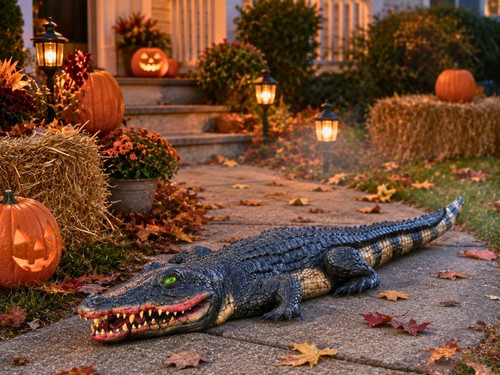 Alligator Halloween yard prop displayed on a front walkway with pumpkins, hay bales, and fall decor