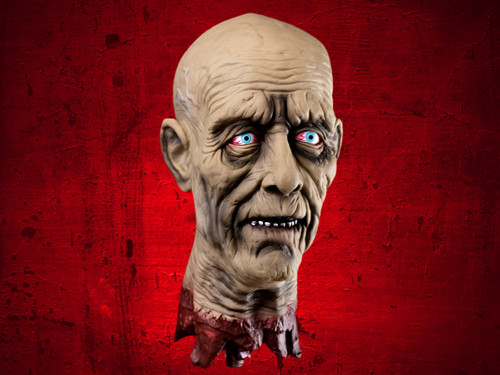 Hanging Old Man Cut-Off Head Decoration with bloody exposed spinal column