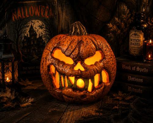 Glowing evil jack o lantern Halloween decoration on rustic haunted tabletop with vintage Halloween decor and candles