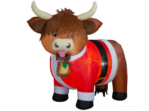 fuzzy plush Highlander cow inflatable in Santa jacket on holiday lawn fuzzy plush Highlander cow inflatable in Santa jacket on holiday lawn