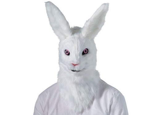 Adult white rabbit moving mouth overhead mask for Halloween