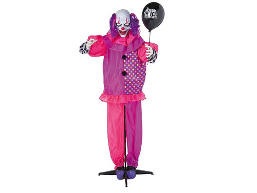 Life-size animated clown with black balloon for Halloween decor