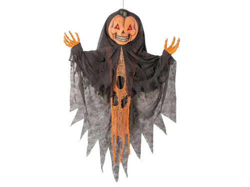 Shaking hanging pumpkin man with black and orange outfit
