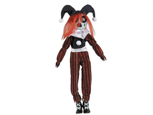 Black and red clown prop with sad painted face and jester hat