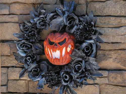 17" Light-Up Pumpkin Wreath - Black Floral Halloween Decor