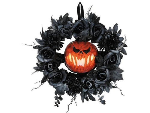 17" Light-Up Pumpkin Wreath - Black Floral Halloween Decor
