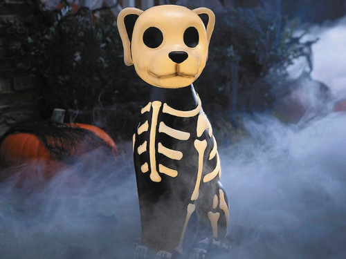 skeleton dog prop glowing on front porch Halloween setup