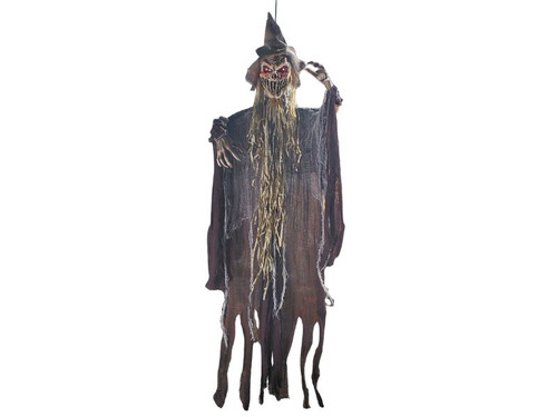Close-up of glowing red eyes and skeletal hands of Halloween reaper