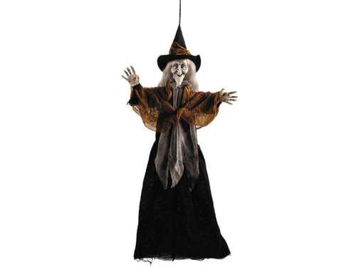 Gray-haired witch face with black hat and eerie smile