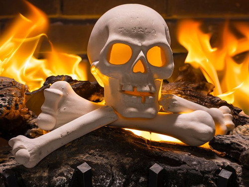 11 inch ceramic skull and bones Halloween fire log decoration