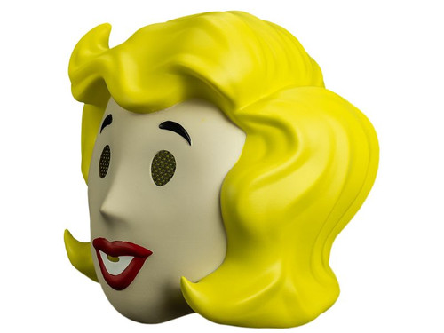 Official Fallout Vault Girl mask worn with Vault jumpsuit costume