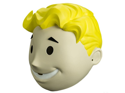 Adult wearing Fallout Vault Boy mask cosplay Halloween costume