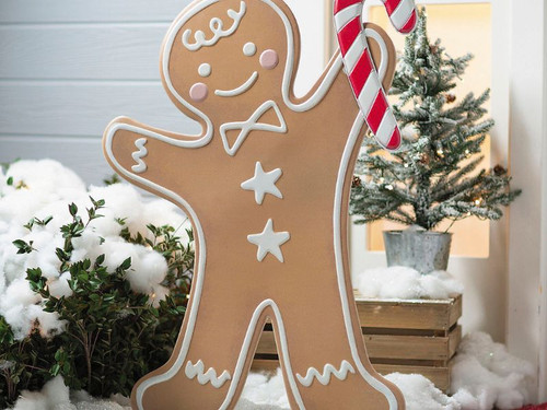 35 3/4 in Iron Gingerbread Boy Christmas Decoration with Candy Cane - Holiday Decor