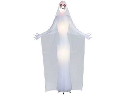 giant light-up ghost inflatable glowing in outdoor Halloween display