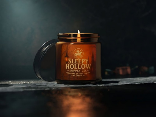 Sleepy Hollow Supply Co. amber candle with eerie forest label design