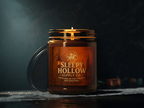 Sleepy Hollow Supply Co. 9oz amber candle with eerie forest label design