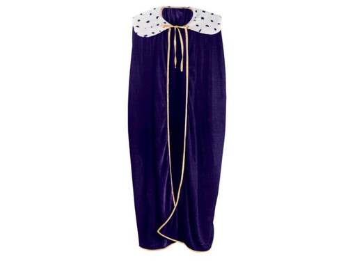 A long, dark purple velvet cape with white faux fur trim and gold rope ties.