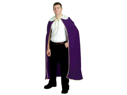 Standing person wearing a purple cape with white trim.